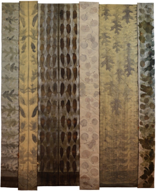 Julia Voake | Home Is Where The Heart Is, But Grow Where You Are Planted Eco-dyed wool fabric, hand dyed threads & yarn, machine pieced and hand quilted 51" X 61"
