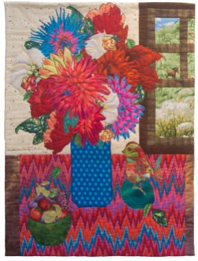 Katherine Simon Frank | Still Life with Dahlias Broderie Perse method of applique embroidery, 2015