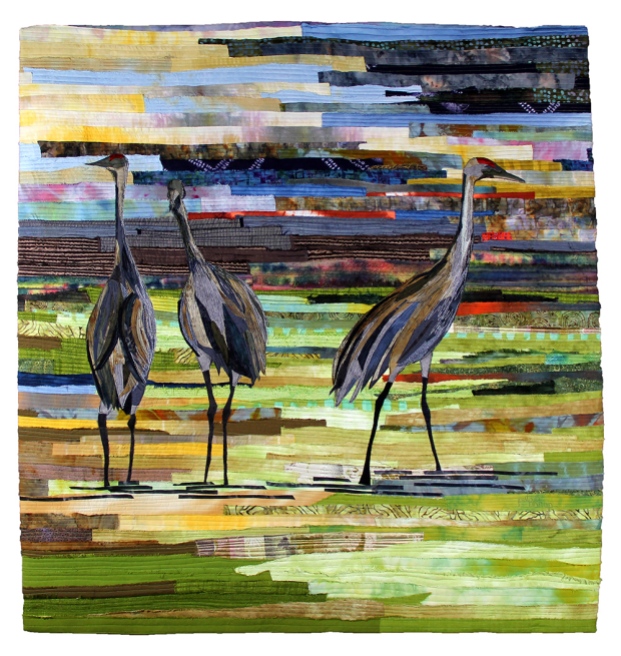 Pat Bishop, Gawking Cranes Raw edge applique, silk, cotton, 2010